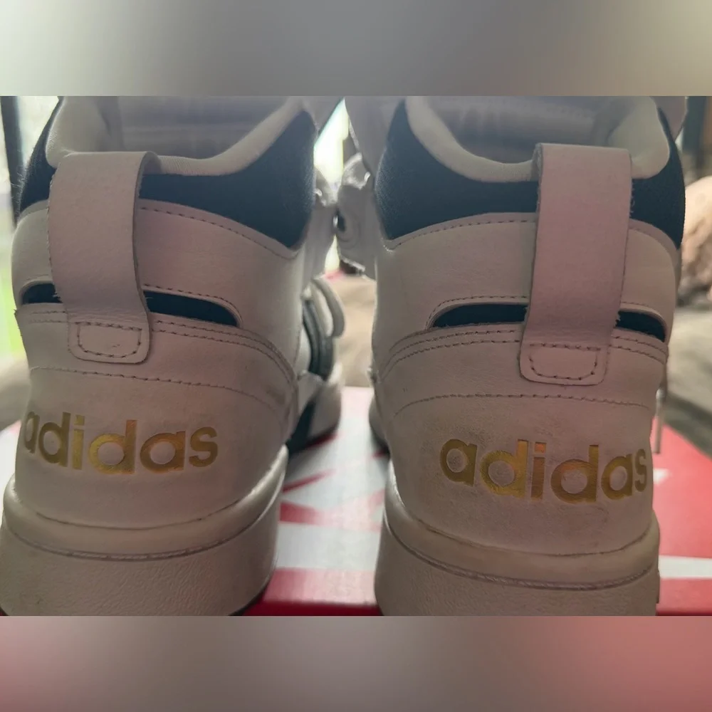 Men’s size 12 Adidas White High-Top Sneakers with Black Stripes - Picture 2 of 10